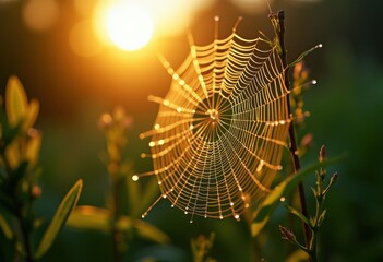 close intricate spider web sunrise glowing dew harmony nature delicate design radiant light organic pattern, morning, dewdrop, shine, closeup, threads