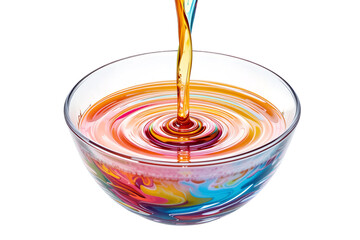Canvas Print - swirling colorful liquid pour clear bowl photography studio close-up art concept, isolated on white 