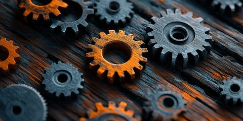 Poster - Different sizes of gears on a rustic wooden surface creating an industrial aesthetic with contrasting colors and textures