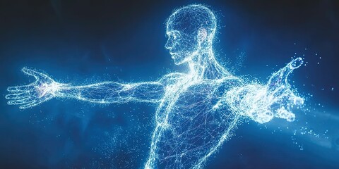 Poster - Digital representation of a human figure with glowing lines and particles conveying movement and energy