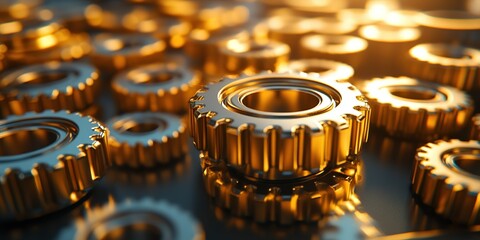 Poster - Golden gears scattered on a reflective surface showcasing intricate design and craftsmanship at sunset