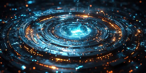 Poster - Dynamic circular pattern of glowing blue and orange lights resembling advanced technology design at night