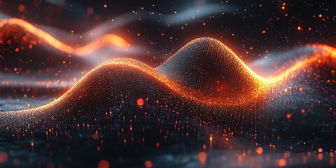 Fototapete - Abstract representation of glowing waves with particles in dark surroundings showcasing movement and depth