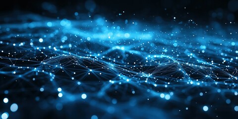 Fototapete - Abstract digital design with glowing blue particles and lines in a dark environment, representing connectivity and technology