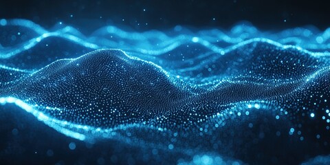 Fototapete - Dynamic waves of glowing particles create a captivating visual in a dark environment
