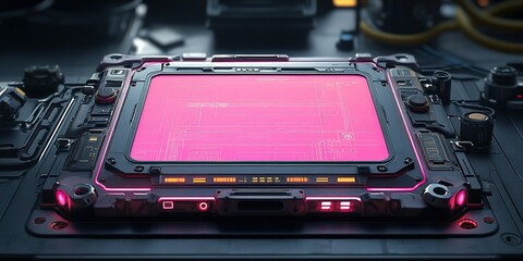 Poster - Futuristic control panel with vibrant pink interface in a tech workspace at dusk