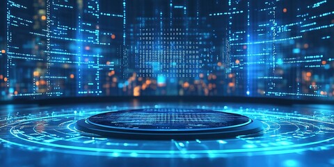 Fototapete - High-tech digital landscape showcasing illuminated data streams and circular display in a futuristic environment