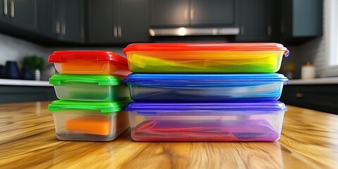 Poster - Colorful storage containers arranged on a wooden table in a modern kitchen with dark cabinets and bright lighting