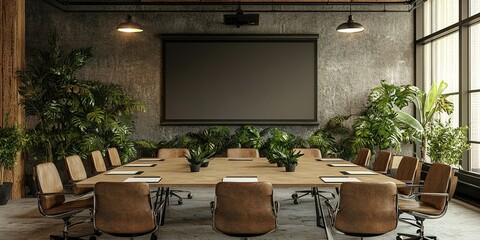 Poster - Modern conference room with large table and plants in a stylish urban setting