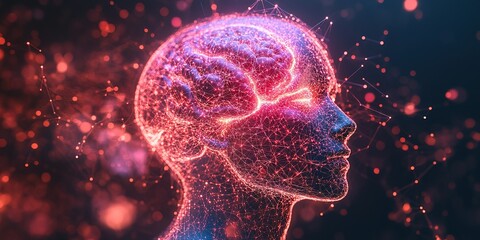 Poster - Representation of a human brain within a digital network displaying neural connections in a colorful abstract visualization
