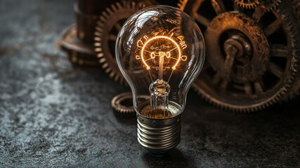 Poster - Old-fashioned light bulb shining against a backdrop of vintage gears in a dimly lit workshop