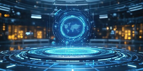 Poster - Futuristic holographic display with global map in a high-tech environment