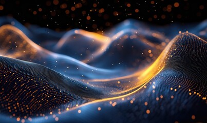 Poster - abstract digital landscape with glowing particles and flowing waves in blue and orange tones