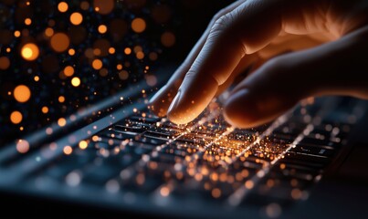 Poster - Fingers Typing on Keyboard with Sparkling Particles Creating a Magical Effect