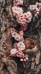 Poster - Pink cherry blossoms bloom against a textured brown tree trunk, showcasing nature's delicate contrast and resilience, symbolizing spring's arrival and the beauty of impermanence
