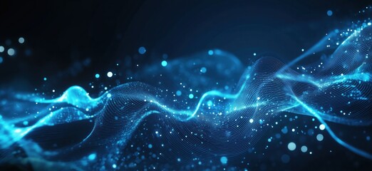 Poster - Abstract blue wave background with glowing particles and light effects