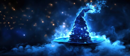 Poster - Magical blue wizard hat surrounded by glowing smoke and stars in dark background