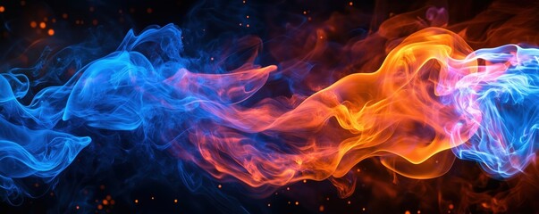 Poster - blue and orange smoke waves intertwining in a dramatic abstract background