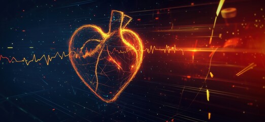 Poster - digital heart illustration with heartbeat line and glowing effects in dark background
