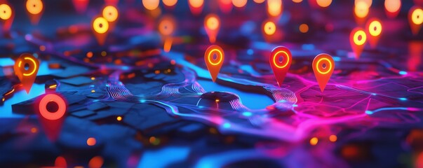 Poster - Vibrant digital map with glowing location pins and neon colors for navigation