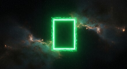 Poster - A vibrant green neon rectangular portal or frame, outlined with a textured, glowing effect, set against a backdrop of a deep space nebula.