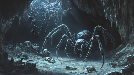 Wall Mural - Monstrous cave spider lurks among bones and webs. Subterranean Threads. Illustration