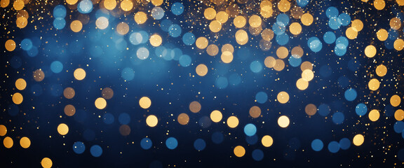 shimmering bokeh lights in gold and blue tones on dark background creating a festive and elegant nig