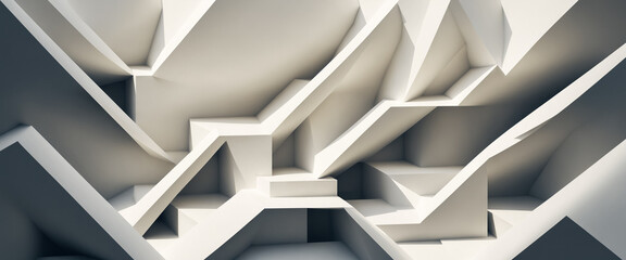 abstract geometric architecture with layered three dimensional white angular shapes, complex modern structure with sharp edges and deep shadows, futuristic design concept