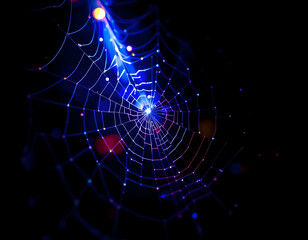 A brilliant illuminated spiderweb is captured in the dark environment