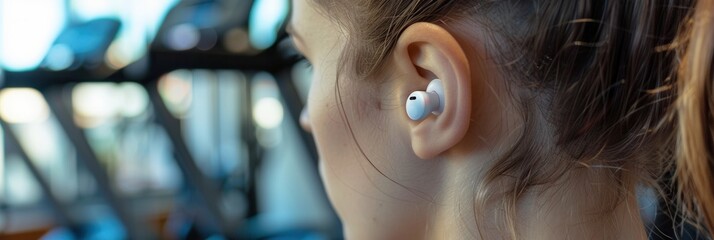 Poster - Close-up of ear with wireless earbuds in a dynamic gym setting showcasing fitness and energy during workouts Generative AI