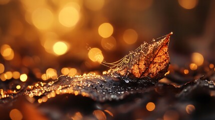 A brown leaf with dew drops covered in cobwebs is illuminated by golden bokeh in the background, creating a warm, dreamy autumnal scene.