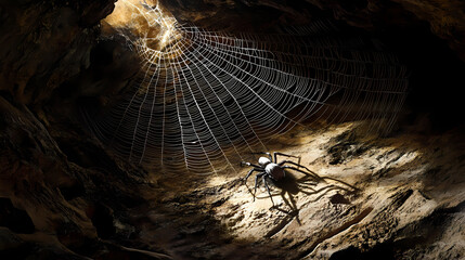 Wall Mural - A pale arachnid in a dark, rock-bound web, illuminated by a distant light source. Subterranean Threads. Illustration