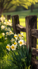 Poster - Close-up of daffodils by wooden fence, bathed in sunlight, depicting springtime freshness and rural serenity, ideal for nature or seasonal themes