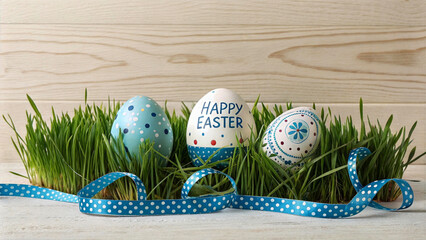 Poster - A festive scene featuring three painted Easter eggs nestled in lush green grass, each adorned with a 'Happy Easter' message. The eggs are complemented by a vibrant blue ribbon, adding a touch of color