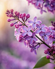 Aufkleber - A close-up of vibrant purple lilac flowers in full bloom, set against a soft, blurred background. The flowers are in various stages of bloom, with some buds and leaves visible. The color palette is do