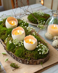 Aufkleber - A rustic wooden table adorned with a centerpiece of moss, eggs, and candles, surrounded by delicate flowers and leaves. The table also features a glass jar filled with eggs, a plate, and a chair, all 