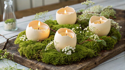 Poster - A rustic wooden tray adorned with moss and candles, surrounded by delicate flowers and leaves. The candles cast a warm, flickering light, illuminating the tray and the surrounding greenery, creating a