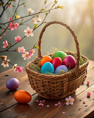 Poster - A vibrant and festive scene featuring a basket filled with colorful Easter eggs, placed on a wooden surface adorned with delicate pink blossoms. The background is softly blurred, emphasizing the eggs 
