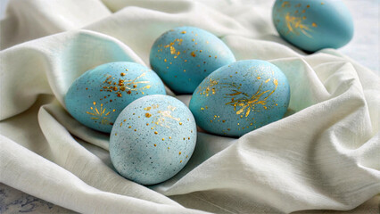 Aufkleber - A collection of five blue eggs with golden speckles, placed on a white cloth against a blurred background.