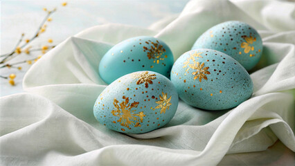 Aufkleber - A close-up of four speckled blue eggs with golden floral designs placed on a white cloth, with a blurred background and a few delicate flowers to the left.