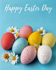 Poster - A vibrant Easter card featuring a collection of speckled eggs in a variety of colors, accompanied by delicate white daisies against a bright blue backdrop. The card is adorned with a cheerful message,