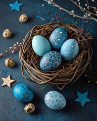 Poster - A festive scene featuring a nest filled with speckled blue eggs, accompanied by decorative blue stars and delicate flowers, all set against a dark backdrop.