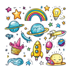 Wall Mural - Cute Space Doodle Set with Planets, Rockets, and UFOs