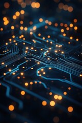 Poster - Close-up view of a circuit board with glowing lights, showcasing technology and innovation in a dark environment