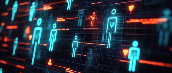 Poster - Futuristic digital representation of human figures in a vibrant data environment, symbolizing technology and connection