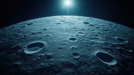 Wall Mural - Moon surface, cratered landscape, sunlit, space exploration, background stars