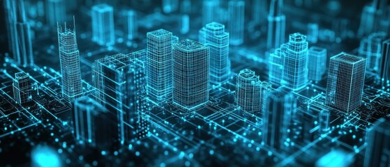 Poster - Futuristic city skyline with glowing blue outlines