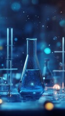 Poster - Laboratory scene showcasing a glass flask filled with blue liquid, surrounded by scientific equipment and soft lighting
