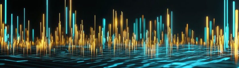 Poster - abstract digital economy concept with creative holographic visualization of data patterns