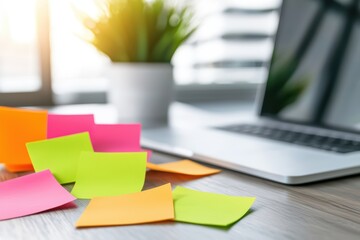Poster - Rustic Wooden Table with Colorful Sticky Notes and Laptop in Creative Workspace Concept